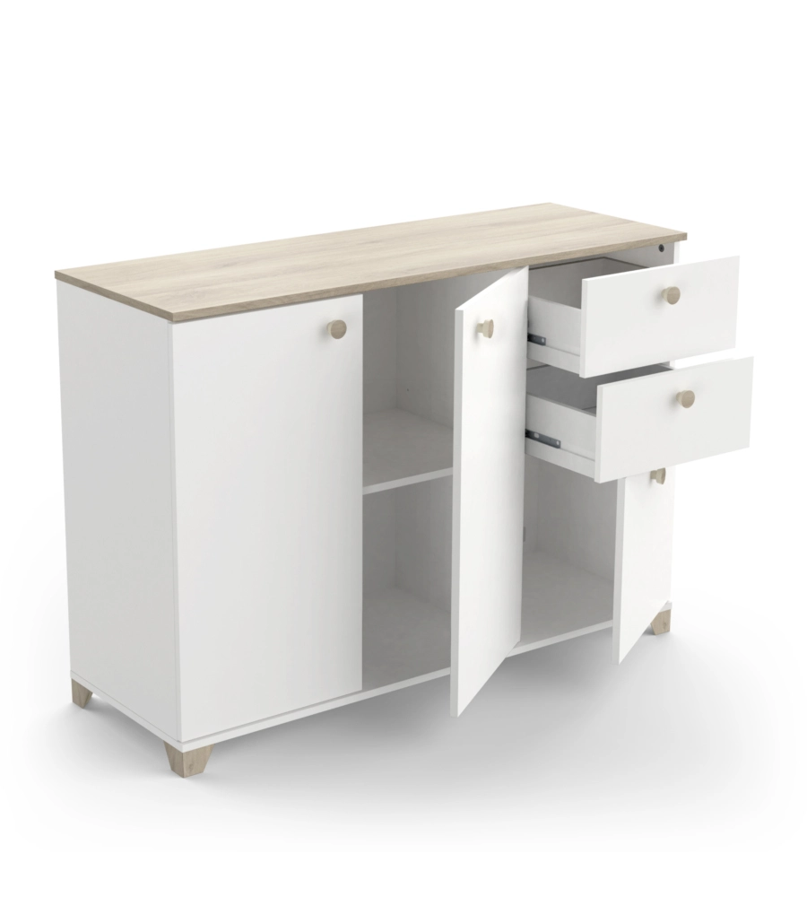 MOBILE MULTIUSO "IZZY" 3 ANTE E 2 CASSETTI BIANCO OPACO E QUERCIA, 119,6X41,9X85,1 CM